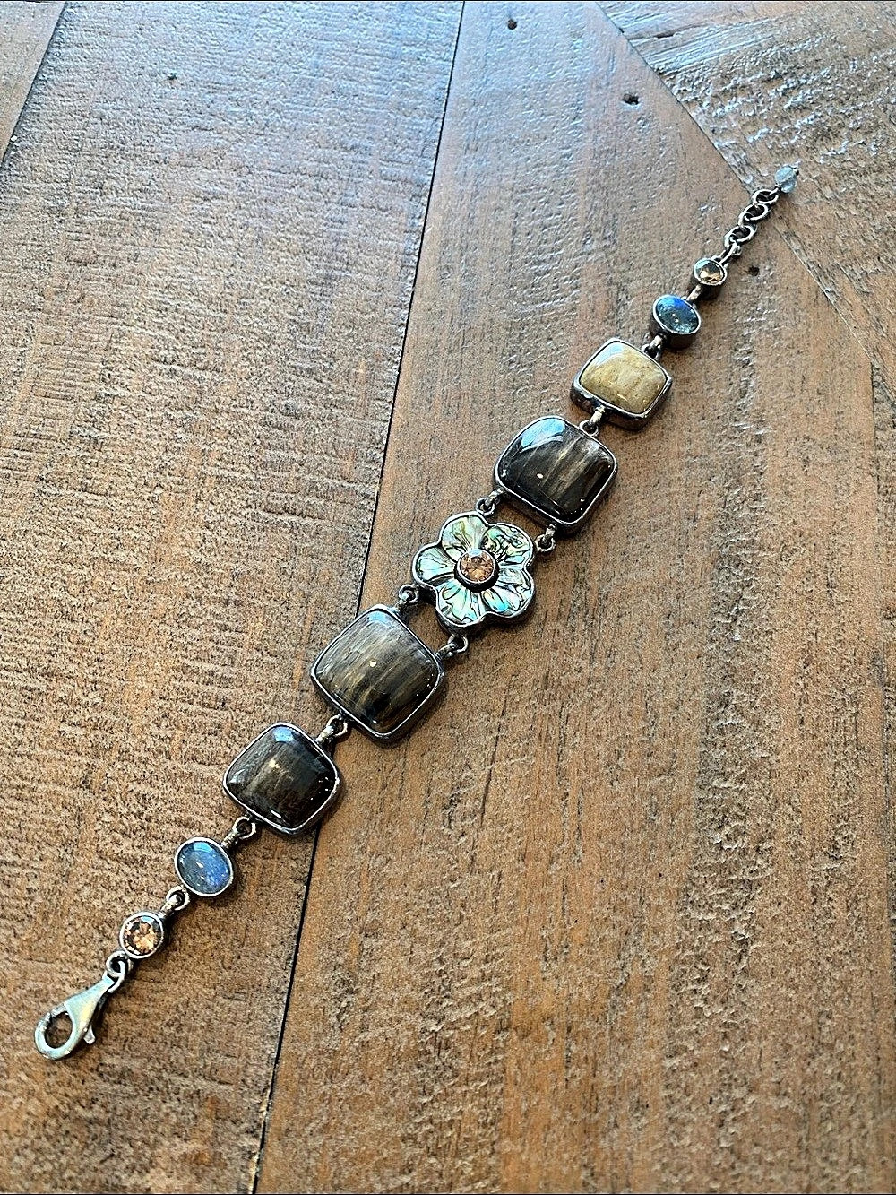 Silver Gemstone & Flower Bracelet